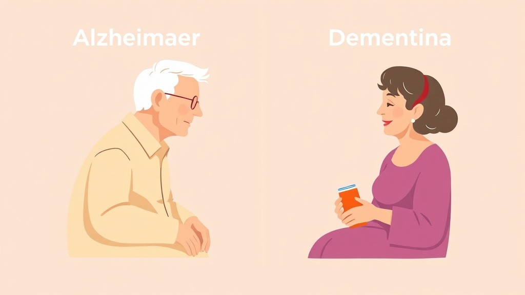 A professional illustration depicting alzheimer's vs. Dementia Key Differences
