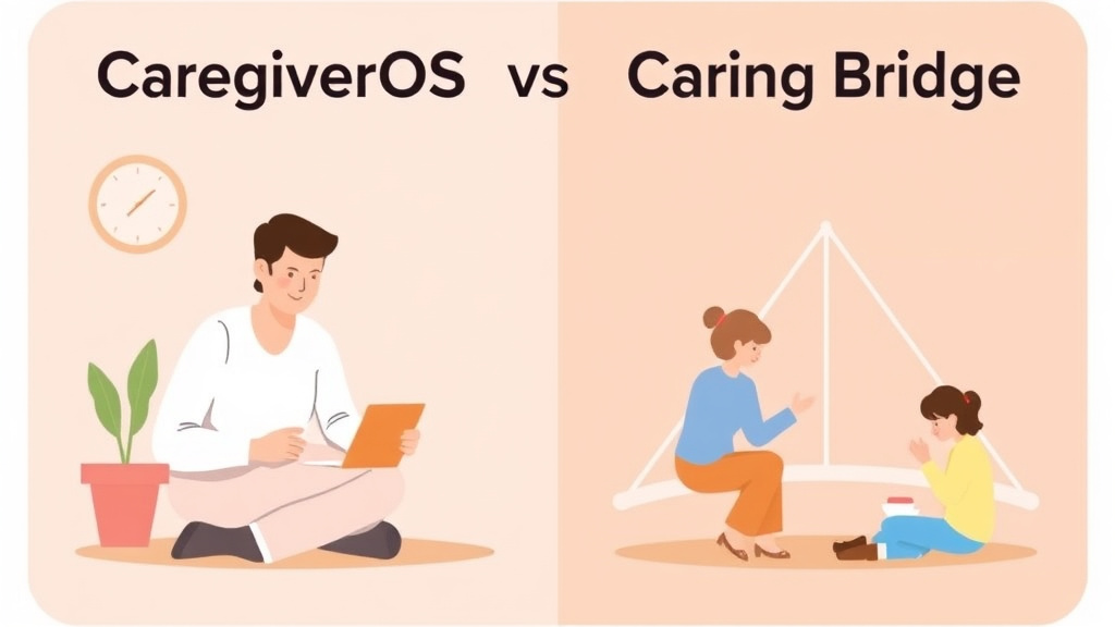 An informative visual explaining caregiverOS vs. Caring Bridge Comparison for beginners and professionals