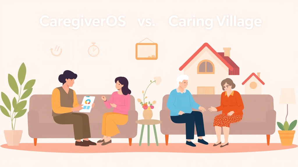 A professional illustration depicting caregiverOS vs. Caring Village Comparison