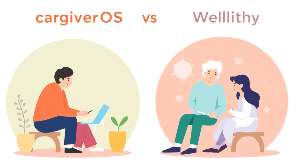An informative visual explaining caregiverOS vs. Wellthy Comparison for beginners and professionals