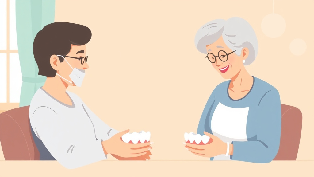 Clear illustration of denture Care and Maintenance Guide with supporting details