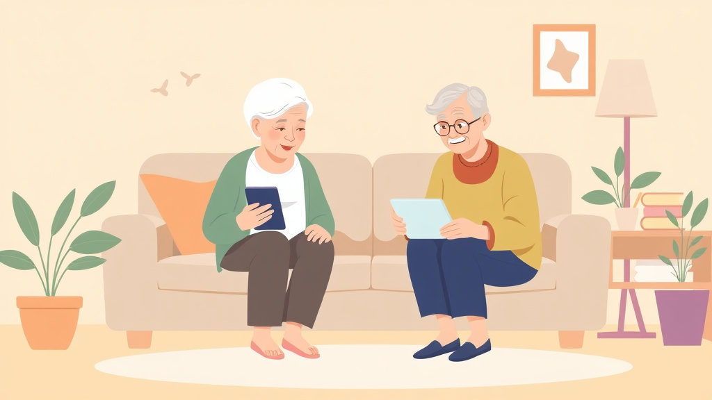 A professional illustration depicting helping Elderly Parent with Technology