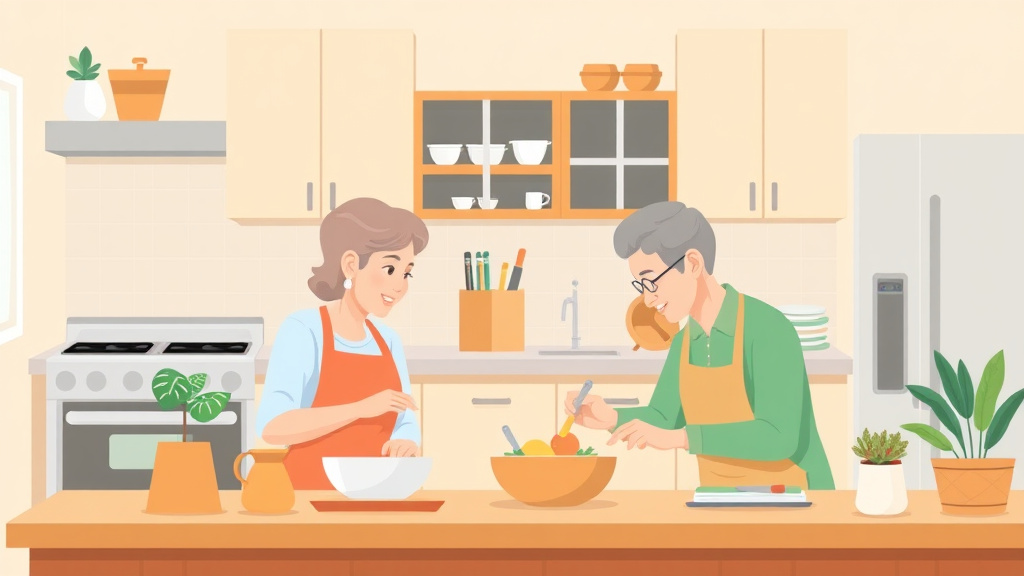 A professional illustration depicting kitchen Safety Modifications for Seniors