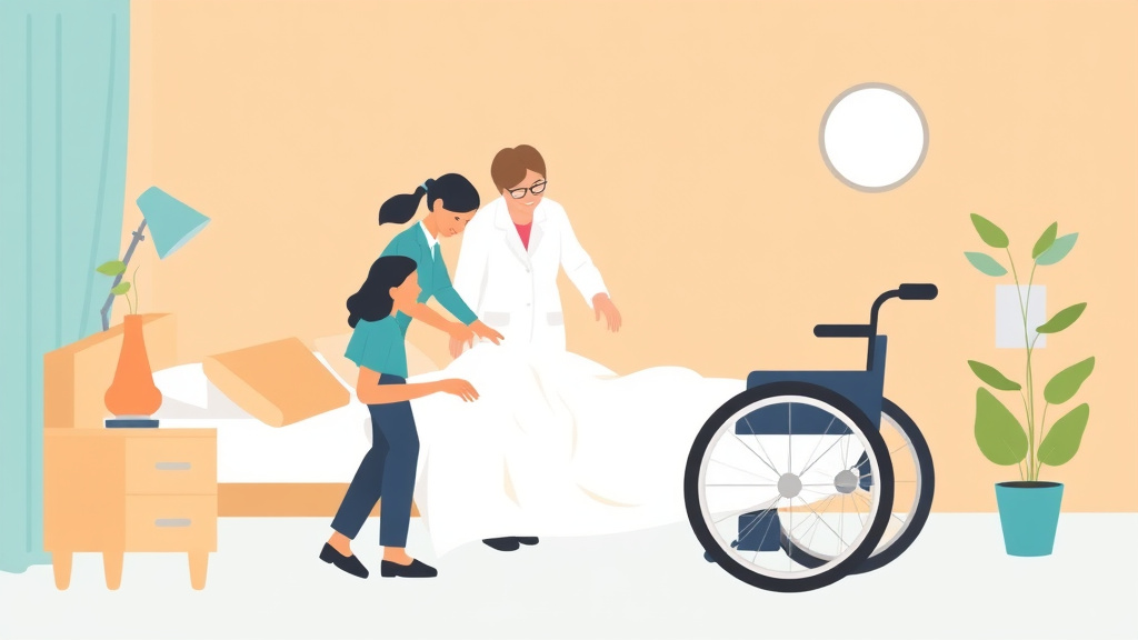 A professional illustration depicting safe Transfer Techniques Bed to Wheelchair