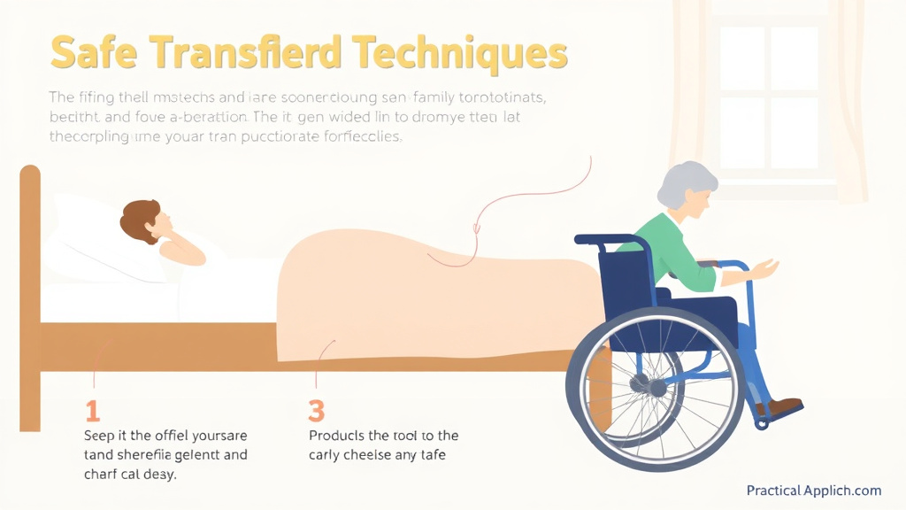 Action-oriented illustration showing how to apply safe Transfer Techniques Bed to Wheelchair