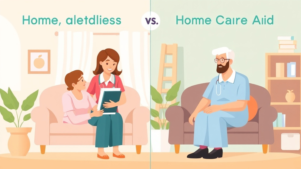 A professional illustration depicting home Health Aide vs. Home Care Aide