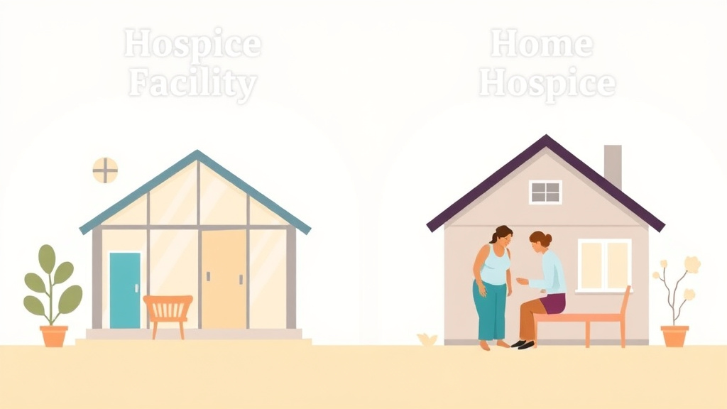Educational graphic covering the essentials of hospice Facility vs. Home Hospice